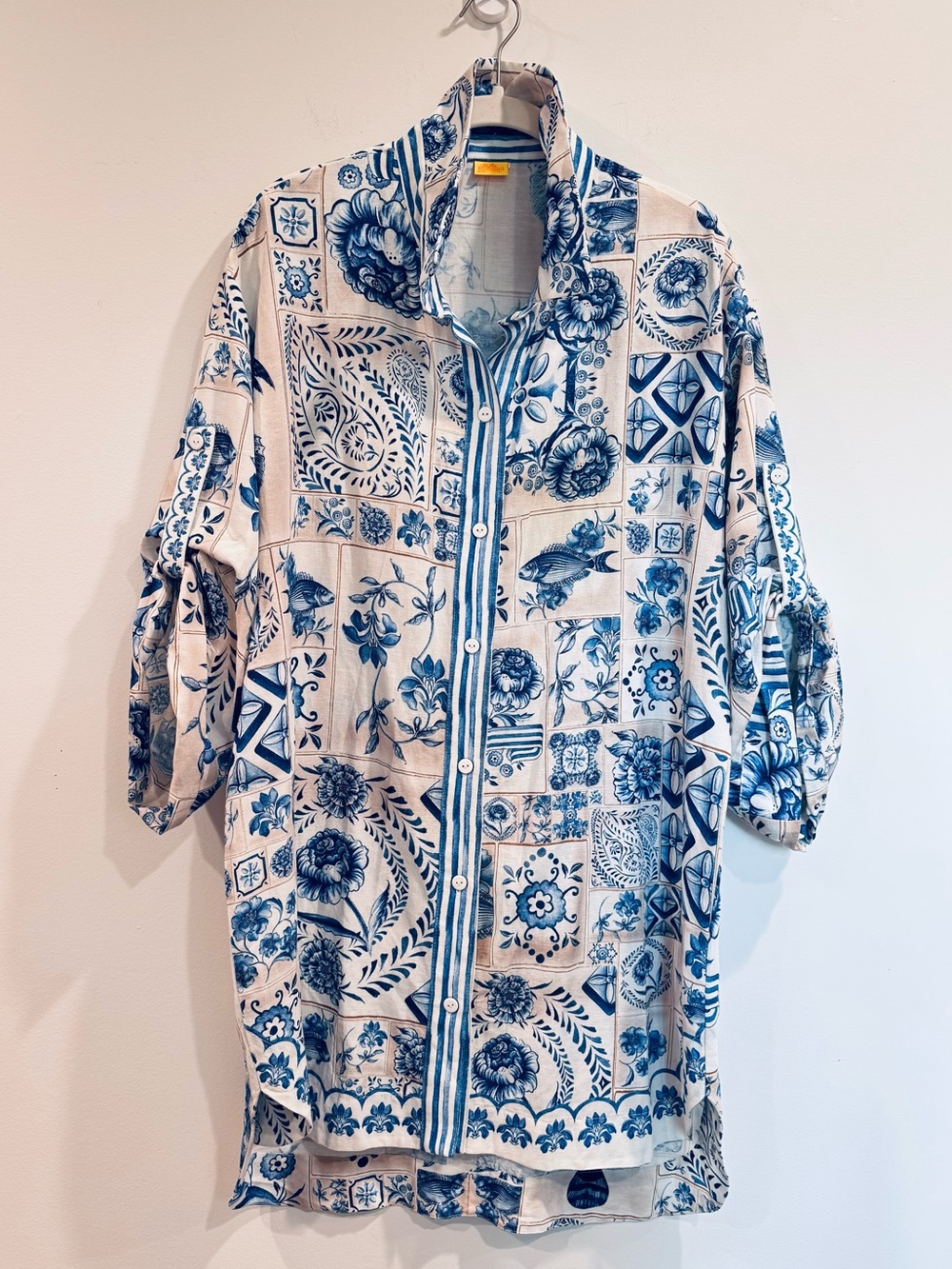 Agua Bendita L XL Chrissy Azure Tunic Shirt Dress Cotton Blend Tile Print EUC